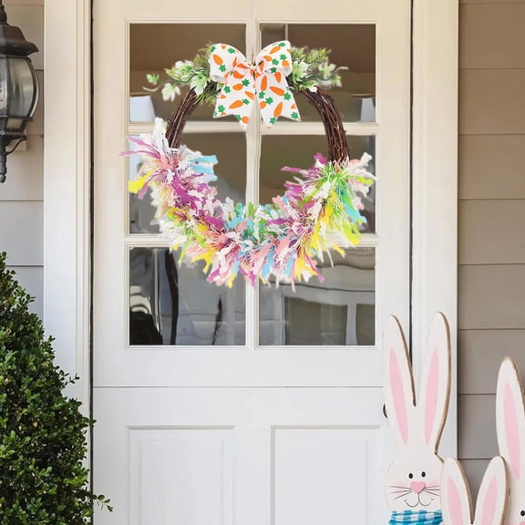 Cheapark Easter Wreath with Faux Greenery, Colorful Eggs Bunny Ribbon Decoration for Front Door Spring Holiday Decor