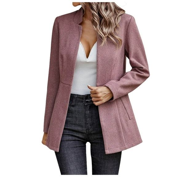 felwors Women’s Open Front Herringbone Blazer-Business Casual Long Sleeve Work Jacket with Full Lining and Padded Shoulders Red, XXL