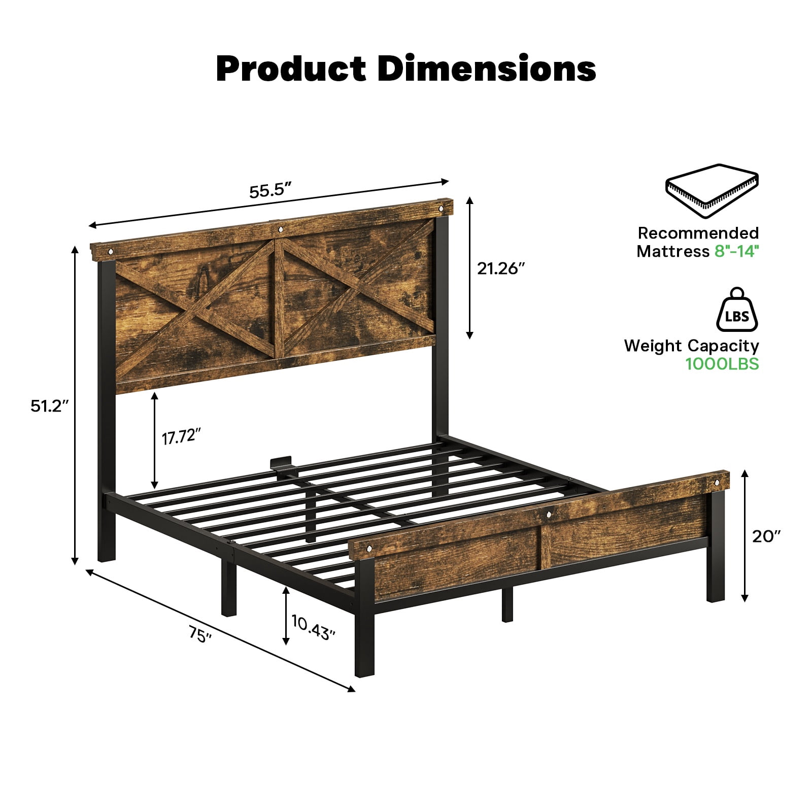 HOMRELEXA Farmhouse Bed Frame Full Size with 51" Tall Headboard and Footboard, Platform Bed Frame, No Box Spring Needed, Brown