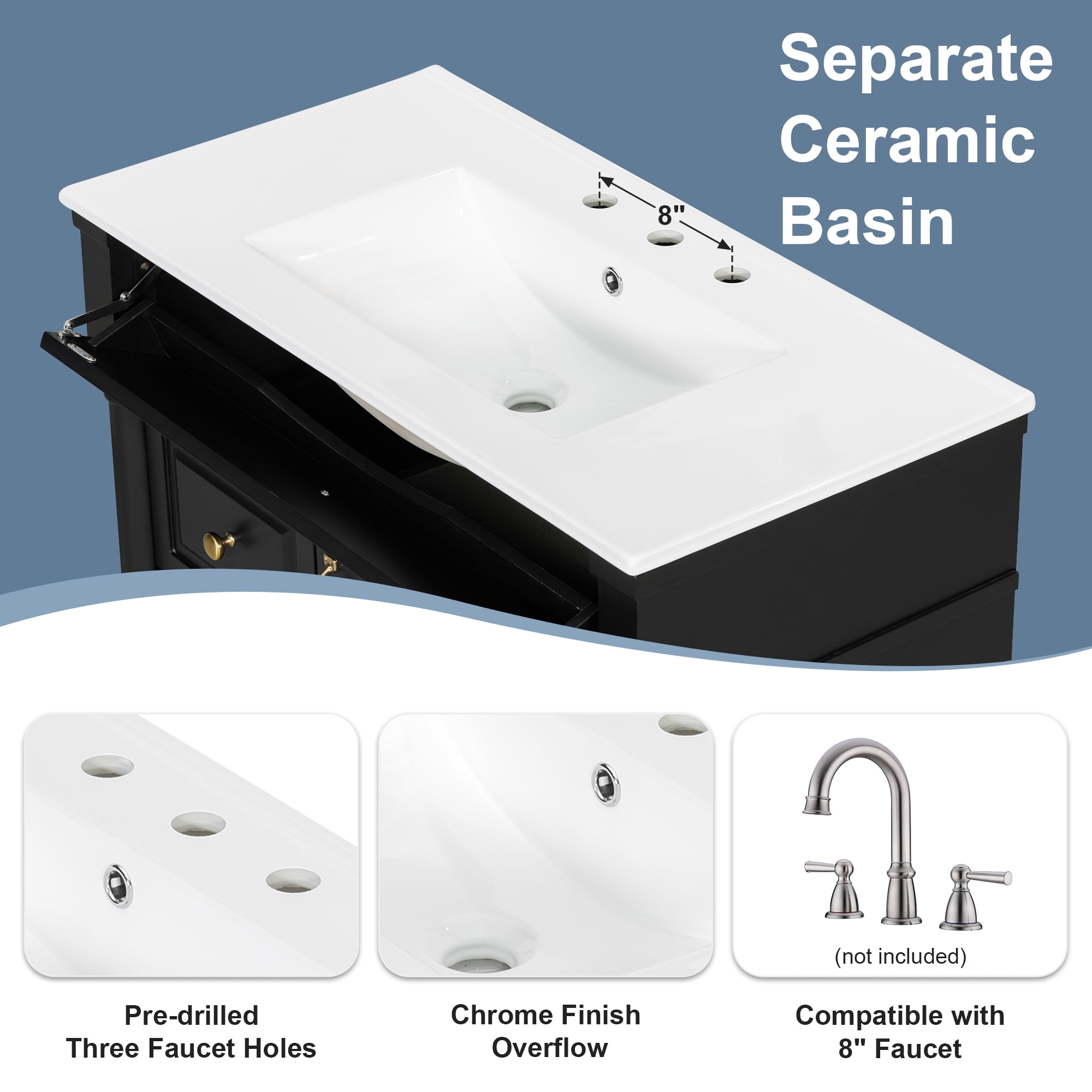Euroco 36" Bathroom Vanity with Sink, Freestanding Bathroom Cabinet with Ceramic Basin, Flip Drawer, Adjustable Shelf, Rubberwood Frame & MDF Panels, Metal Handles, Black Painted Finish