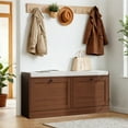 thumbnail image 6 of Brown Shoe Bench, Modern Entryway Bench with 2 Flip Drawers, Shoe Rack Bench with Padded Seat Cushion, Wooden Shoe Storage Bench for Entryway, Bedroom and Apartment, 6 of 7