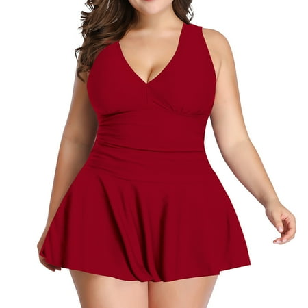 SWSMCLT Women s 2 Piece Modest Swimwear V Neck Shirred Plus Size Tankini Set Ruched Slimming Tummy Control Flowy Sexy Bathing Suit Skirt Swim Dress Swimdress Swimsuit Boyleg Shorts Red 4X-Large