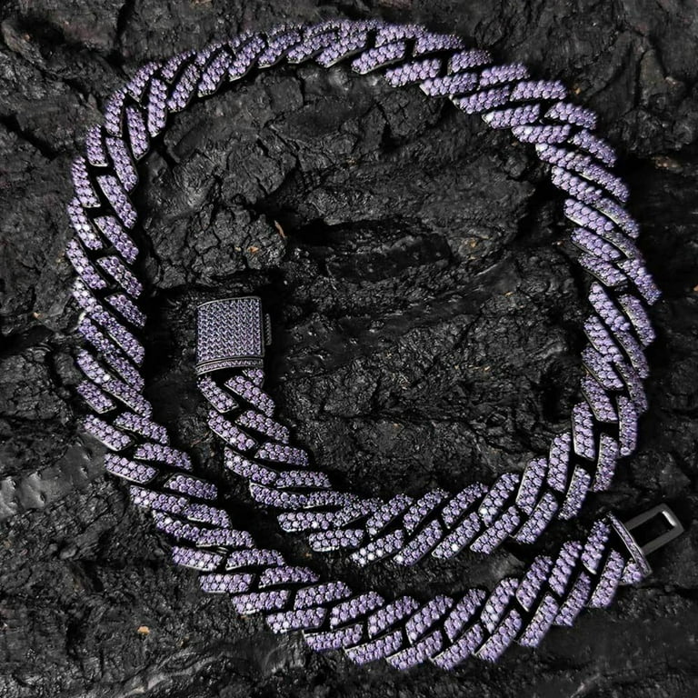 【BLACKPURPLE】Square Crystal Cuban Chain Necklace Man Solid Thick Big Iced Out Purple Cuban Link Chains, Width