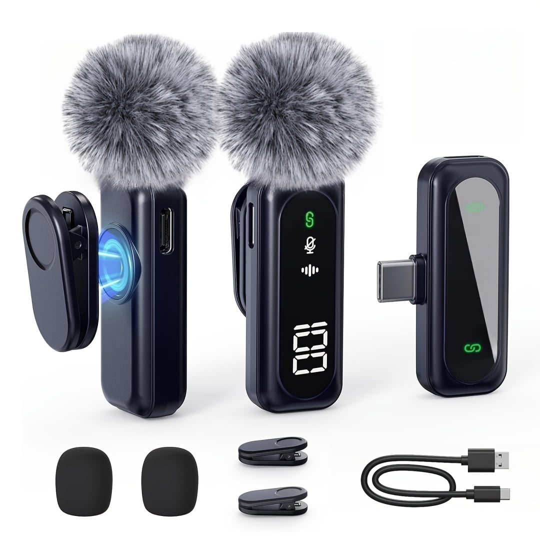 Wireless Lavalier Mic with DSP Noise Reduction, USB-C, Digital Battery Display, 100ft Range, 360° Omnidirectional, Magnetic Clip for Streaming Podcast Vlog