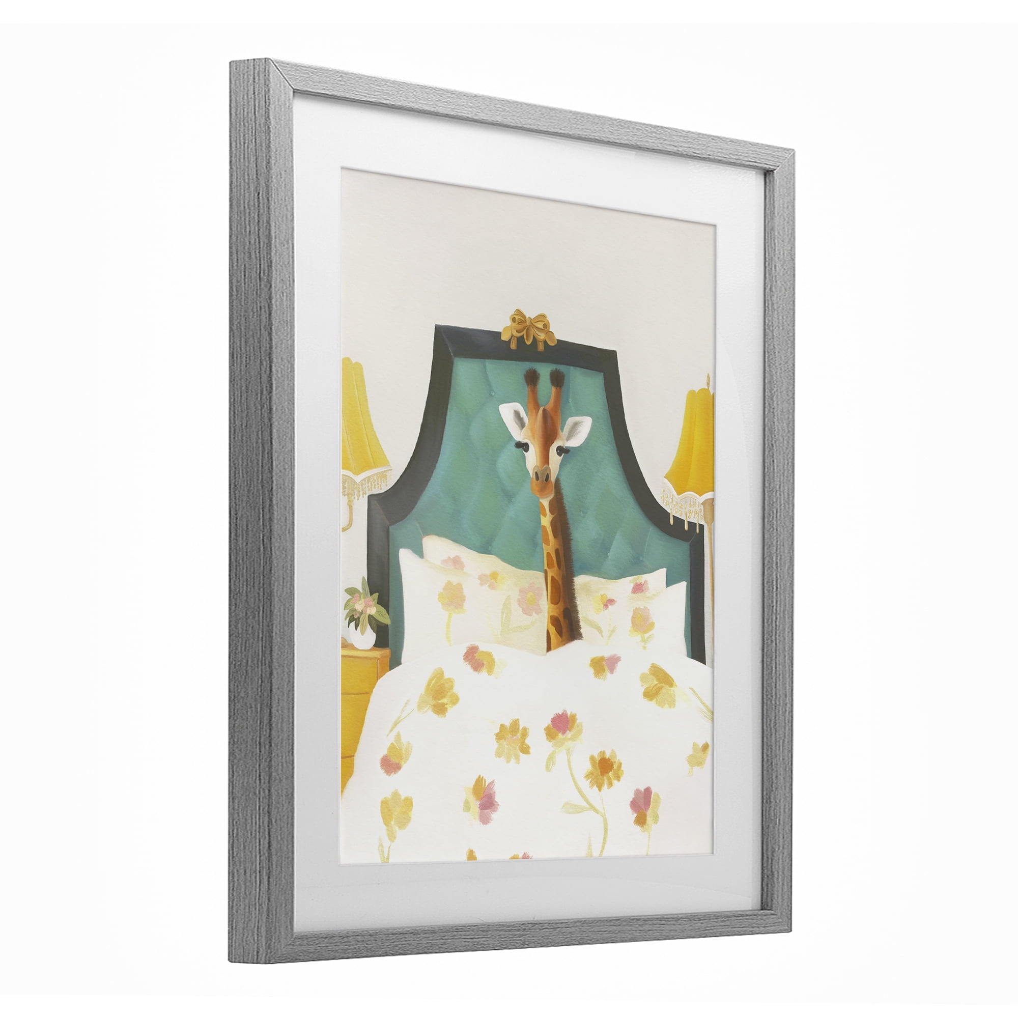 Good Morning Giraffe in Bed Gray Framed Print Under Glass, design by Leah Straatsma