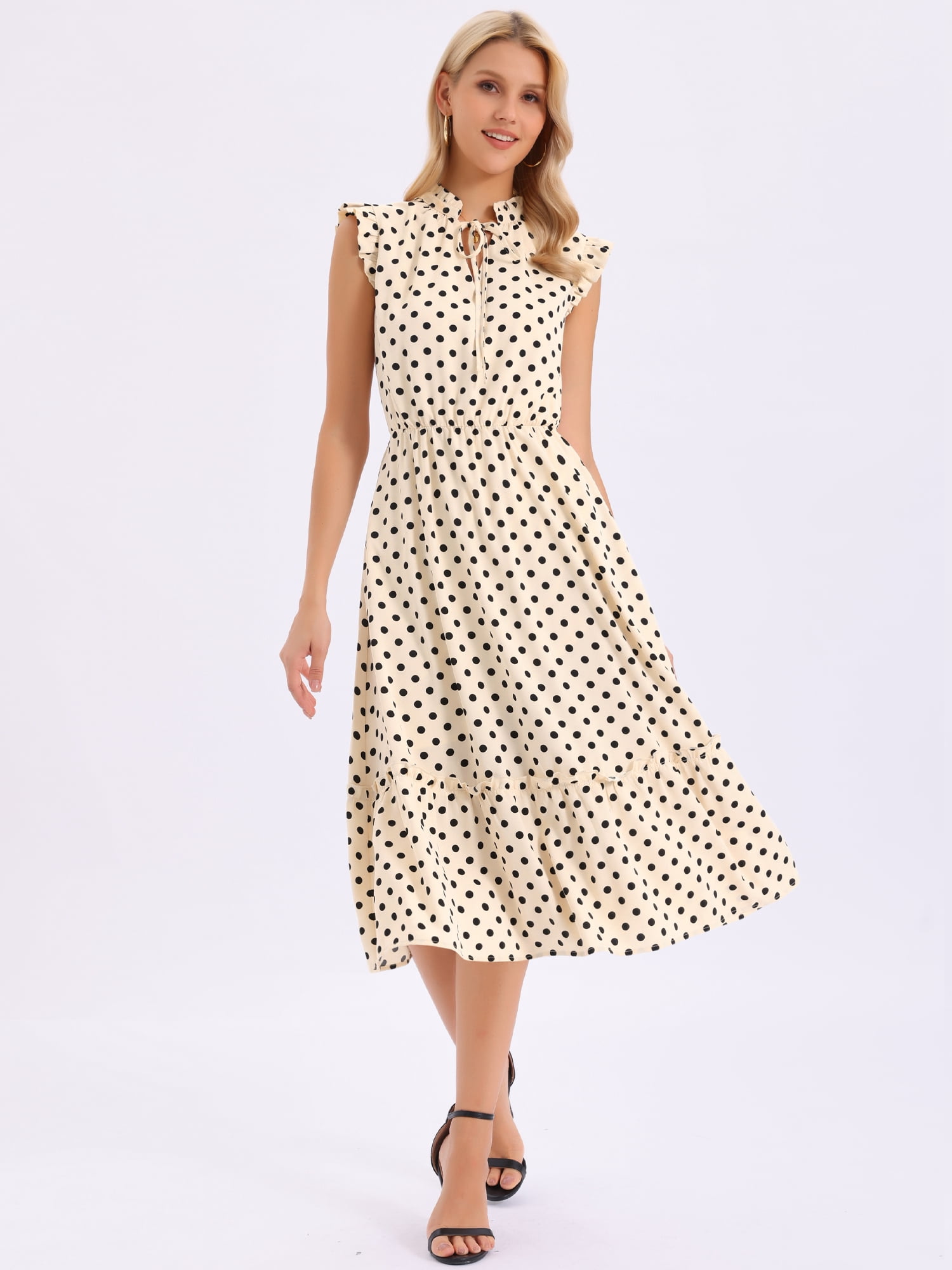 DARING DIVA Women's Polka Dots Midi Peasant Ruffle Sleeve V-Neck Dresses XS Apricot