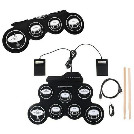 Electronic Drum Set 7 Pads 5 Tunings 8 Demonstration Songs 3 Rhythms Portable USB Roll Up Drum Practice Pad