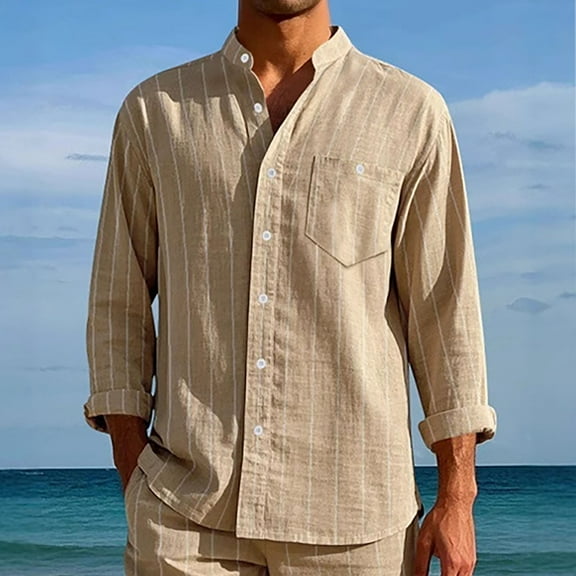 COSFO Casual Button Down Shirts for Men Striped Long Sleeve Linen Tops with Pocket Collared Loose Shirts