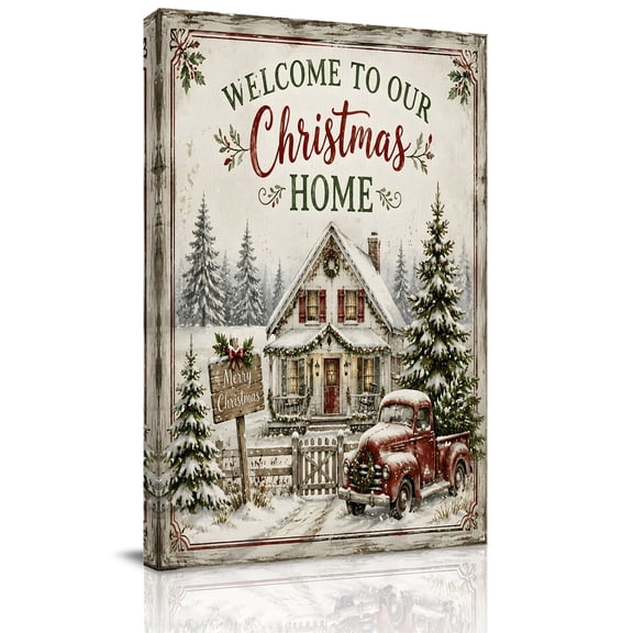 Canvas Wall Art, Christmas Framed Canvas Prints for Bathroom Hallway, Farmhouse Truck Winter Xmas Pine Tree Forest Rustic Small Gallery Wrapped Wall Decor for Home Office, Gifts, 8"x10" Ship Next Day