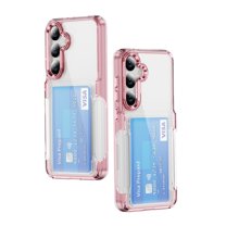 ELEHOLD for Samsung Galaxy S24 Case,Clear Card Holder Kickstand Credit Card Slot Soft TPU Hard PC Slim Bumper Anti-Scratch Shockproof Protective Wallet Case for Samsung Galaxy S24,Pink