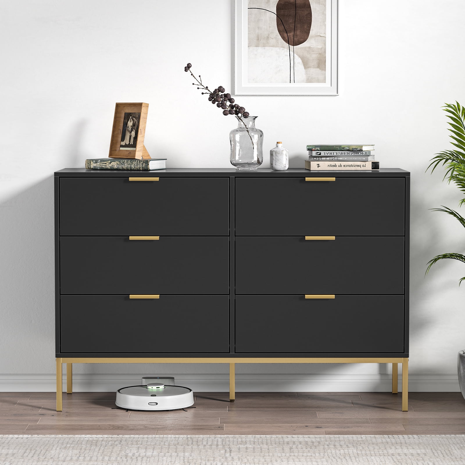 Eumyviv Modern Chest of Drawers with Gold Handles Mid Century Modern 6-Drawer Storage Dresser for Bedroom Living Room, Black H0123