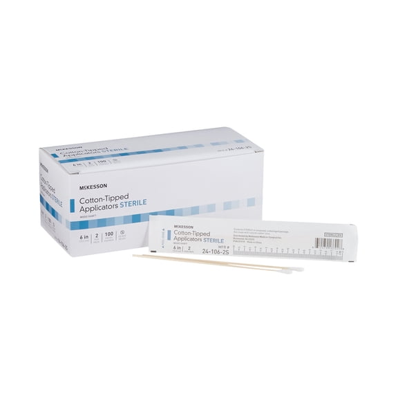 McKesson Cotton Tip Swabstick - Sterile Wooden Applicator, 6 in, 2 Count, 100 Packs, 200 Total