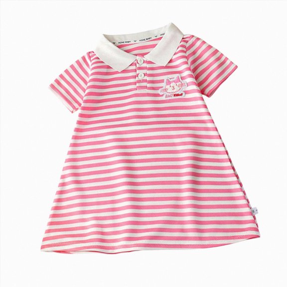 mgoYE Girls Striped Polo Dress Short Sleeve Cotton Casual Dress for Toddler Little Baby Girls, Bear Embroidery Cute Soft Spring Summer Dress(Pink,7-8 Years)