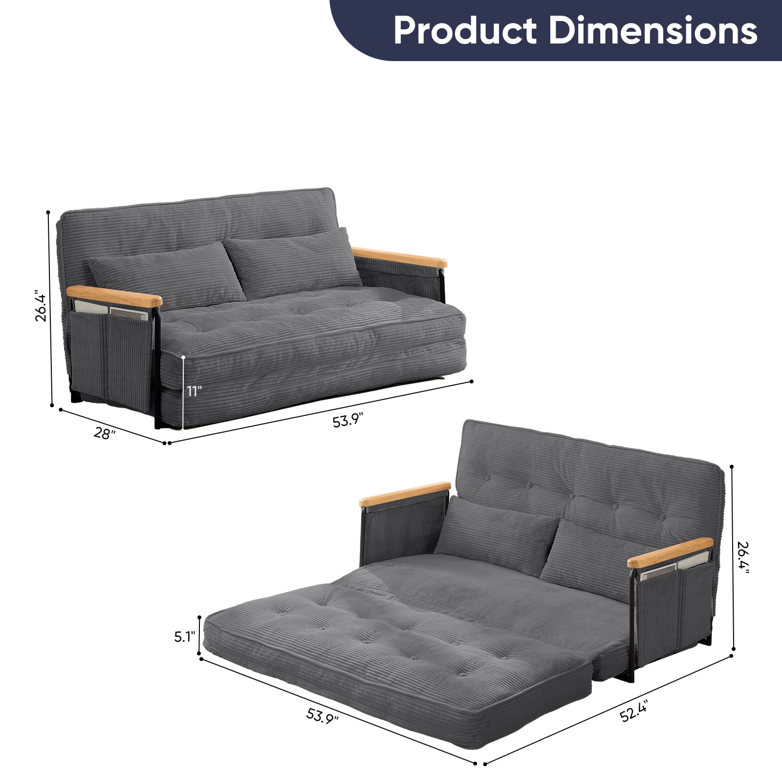 BALUS Futon Sofa Bed, 4-in-1 Corduroy Floor Couch Bed with Folding Mattress, Convertible Sleeper Sofa for Living Room, Grey