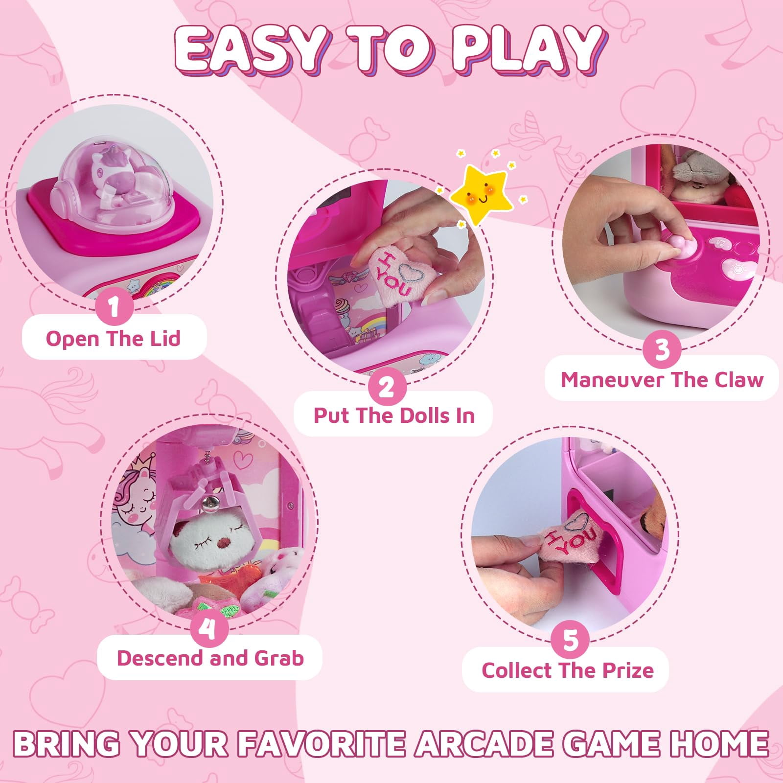 ToyM Claw Machine for Kids, Mini Vending Machine Girls Unicorn Toys, Candy Grabber Prize Dispenser with Sound & 20 Mini Plush Toys, Electronic Arcade Game Indoor Toy for Home Party Birthday Gifts