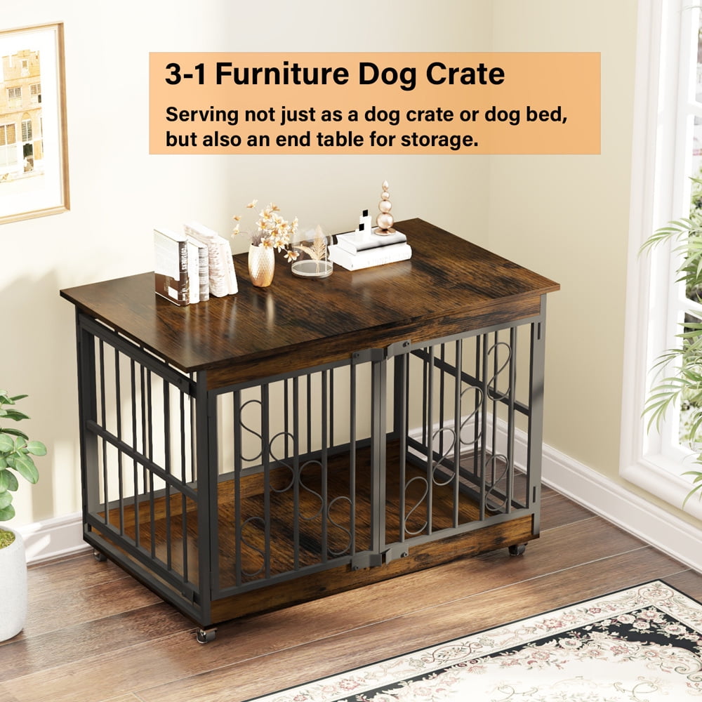 48 inch Dog Cage Furniture for Extra Large Dog, Double-Doors Heavy Duty Dog Crate with 360° Caster Wheels, Dog Kennel Indoor Decorative Pet House Dog Cage Table, Brown