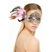 Kayso FK2001SL-PK Classic Crowne Silver Laser Cut Masquerade Mask with Pink Flower Arrangement - One Size