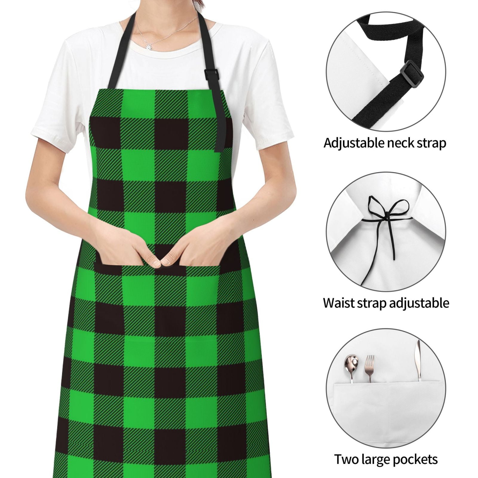 Kdxio Buffalo Plaid Green Black Apron with Pockets Adjustable Kitchen Aprons for Men Women Waterproof Aprons for Cooking,Drawing,Crafting, Baking Household Cleaning