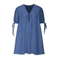 thumbnail image 6 of Htigea Women's Babydoll Short Dresses Summer V Neck Tie Front Mini Dress Flowy Puff Sleeve A-Line Dresses for Casual & Daily Blue M, 6 of 7