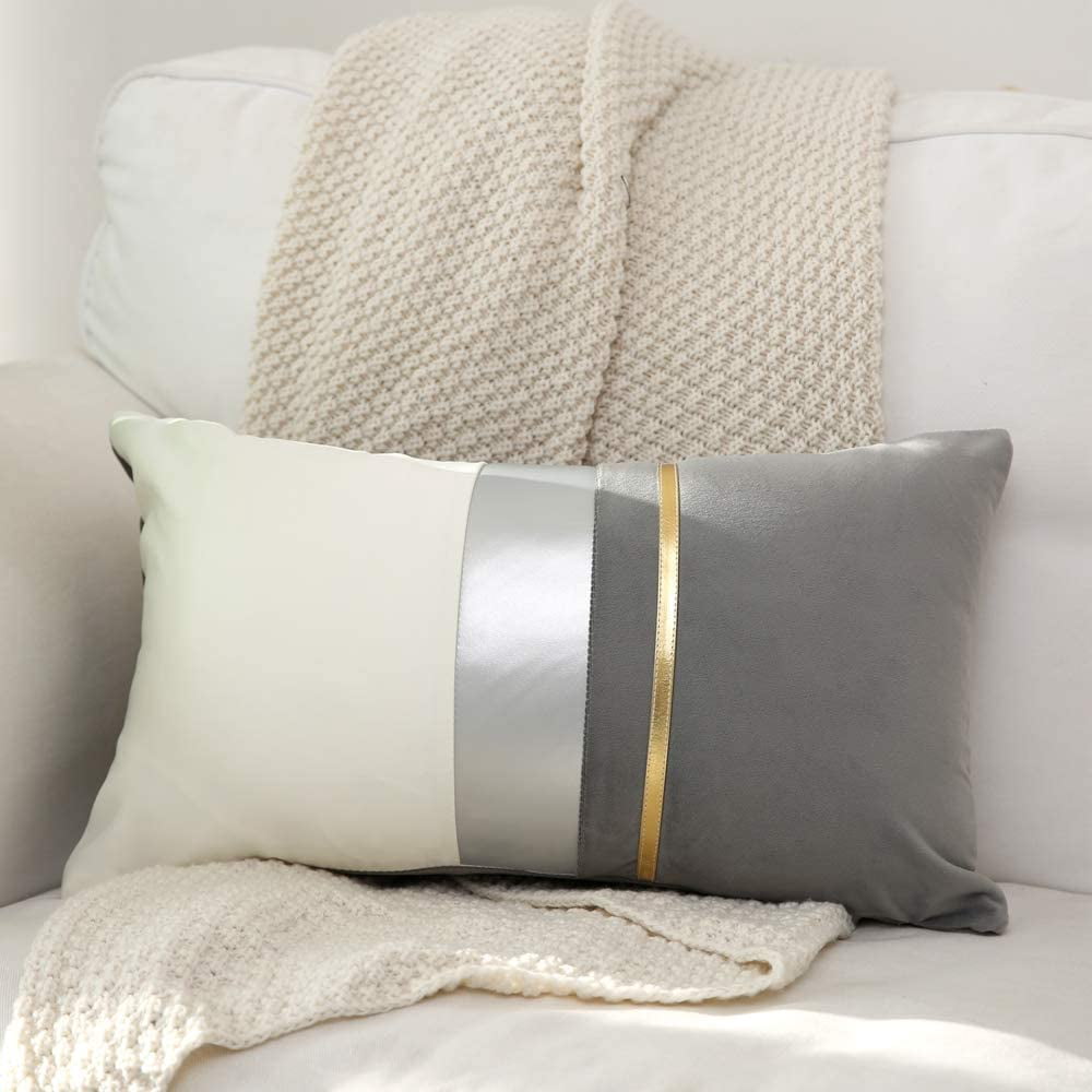 Velvet Lumbar Patchwork Throw Pillow Cover,Gold Striped Leather Cushion ...