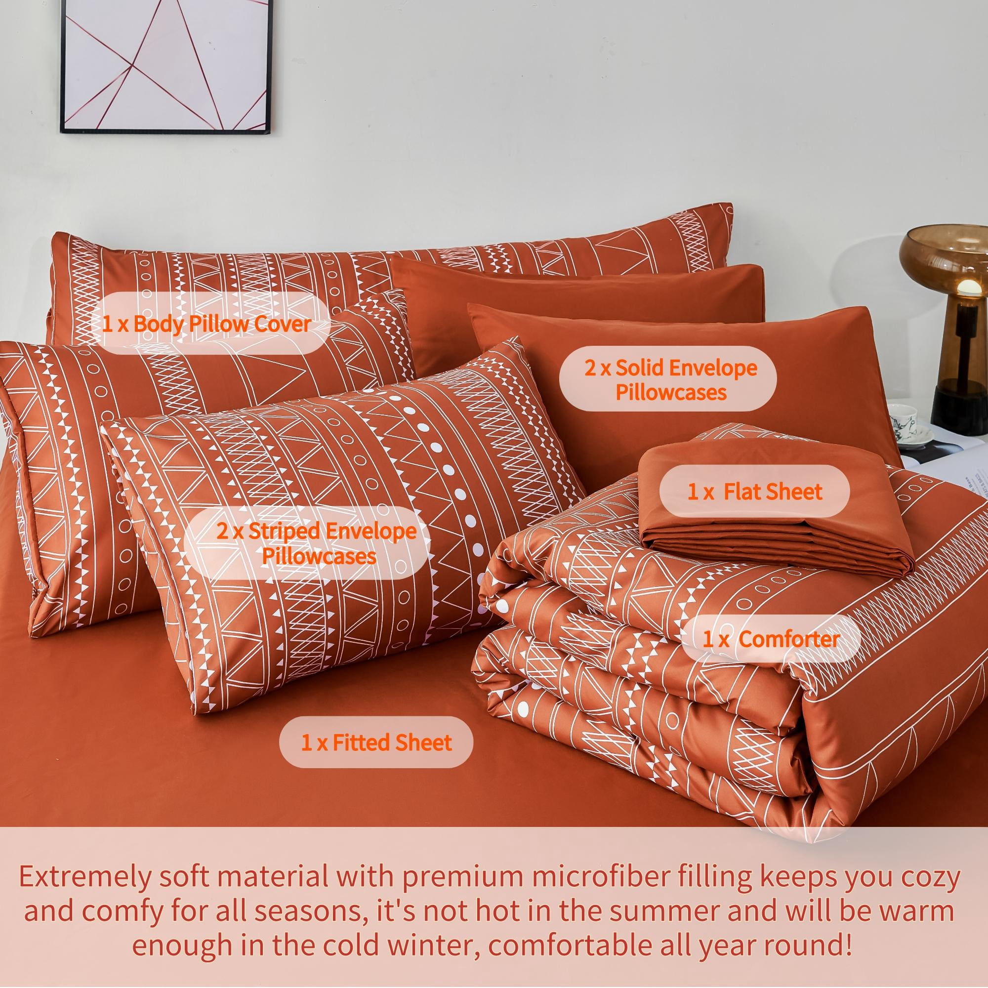 RYNGHIPY Burnt Orange Comforter Set Queen Size, Pumpkin Rust Boho Bed in a Bag Lightweight Microfiber, Terracotta Geometric Comforter Women Men Bedding (Burnt Orange,Queen Size)