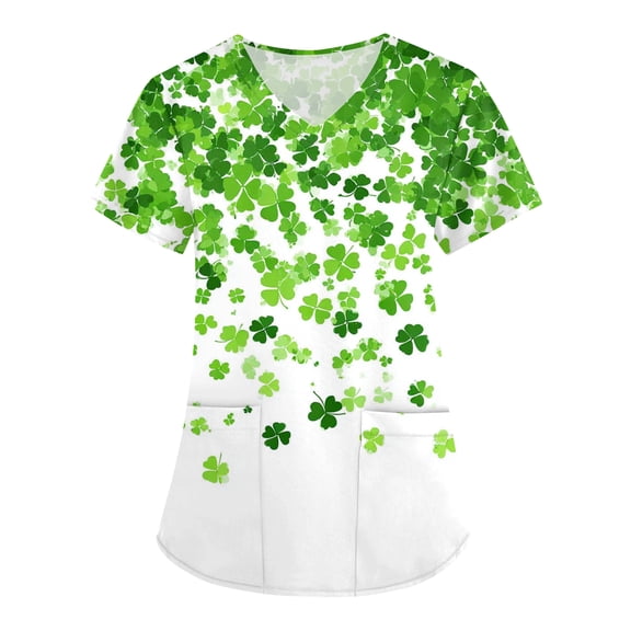 St Patricks Day Scrub Tops for Women Clover Short Sleeve Holiday Uniform Shamrock V Neck Nursing Medical Scrubs with Pockets Light Green M