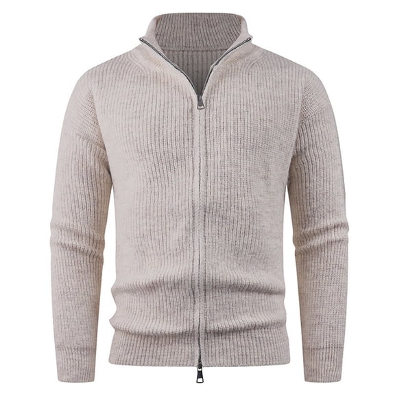 Mens Full Zip Sweater Casual Slim Fit Ribbed Knitted Mock Neck Cardigans Elastic Long Sleeve Outdoor Tops with Pockets (3XL, Beige)