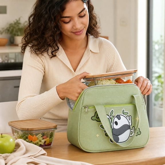 Cartoon Panda Thermal Lunch Tote Bag, Leakproof Waterproof Insulated Cooler Bag with Front Pocket for Daily Meal Storage