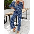 thumbnail image 4 of Womens Summer Print 2 Piece Pajama Sets Short Sleeve Button Down Outfit Long Pants Sleepwear Set Navy Blue M, 4 of 9