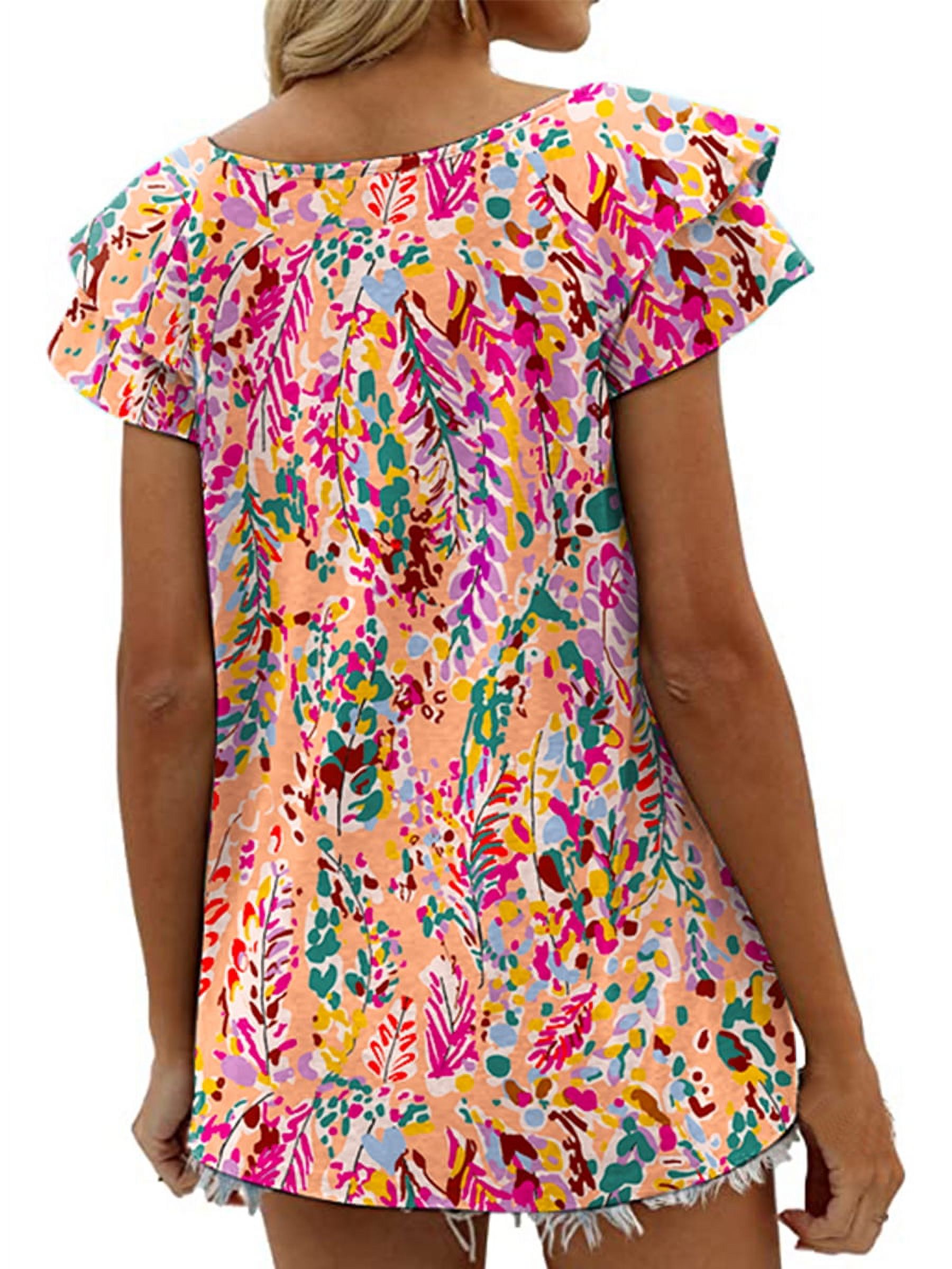 Womens Tops Summer Double Ruffle Short Sleeve V-Neck Casual Blouses, White Blue-3XL(US 24-26)