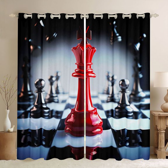 Manfei Chess Game Blackout Curtains Set of 2 (52x84 Each),Classic Checkerboard Window Curtains,Red White Black Curtains and Drapes For Boys Kids,Breathable Home Decor