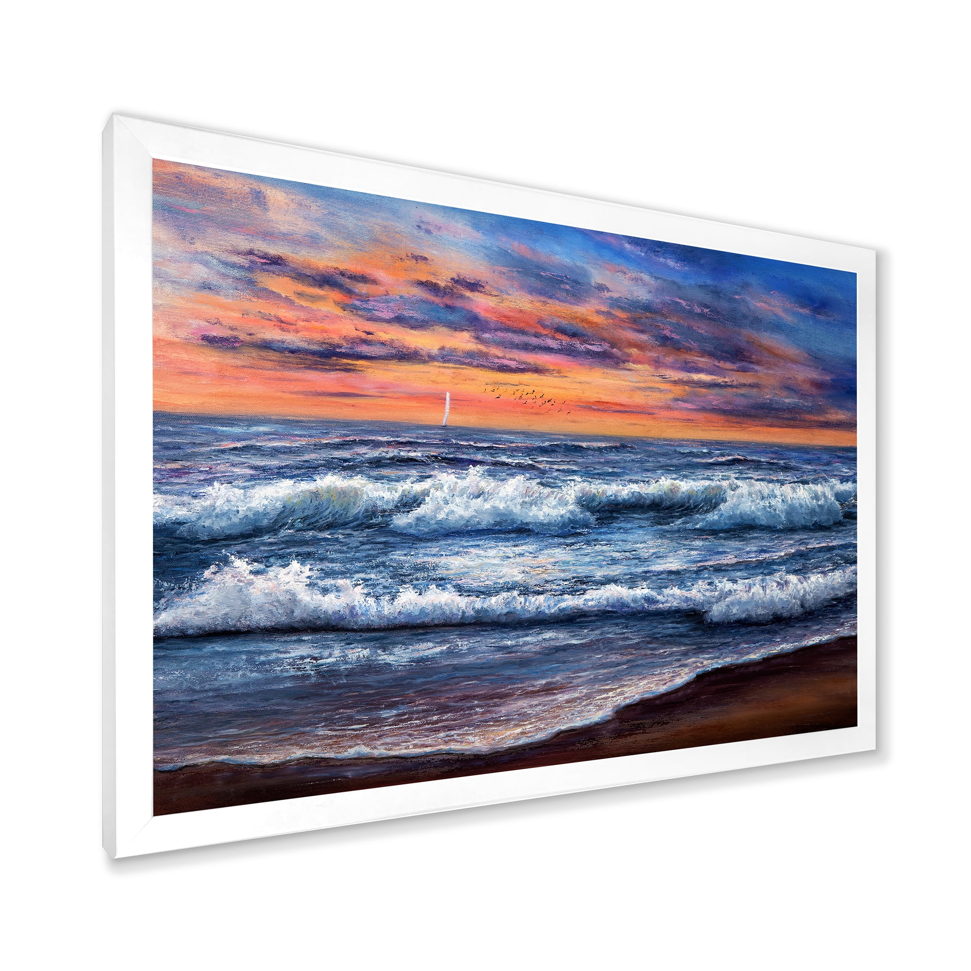 Designart 'The Blue Ocean In Sunset Evening II' Nautical & Coastal Framed Art Print