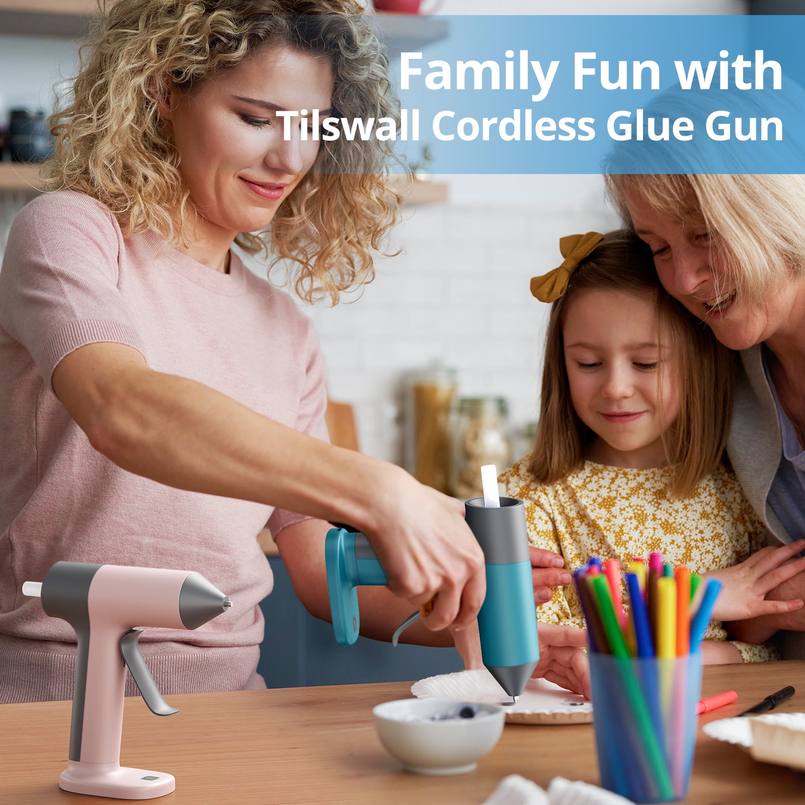 Tilswall Cordless Hot Glue Gun, High Temperature, 30s Fast Preheating Anti-drip Glue Gun, 2Ah USB-C Rechargeable, with 20 Pcs Mini Glue Sticks Set for DIY Craft, Home Decor, Blue