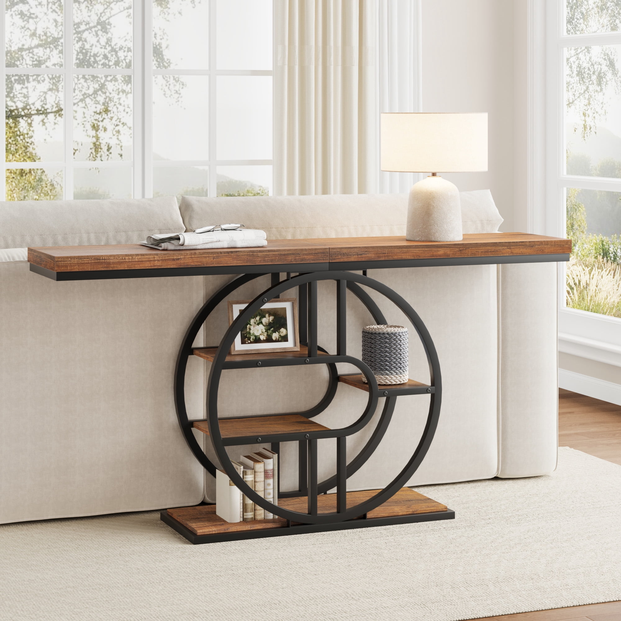 Console Table 55 Inch, Sofa Table with 3-Tier Storage Shelves and O-Shaped Metal Frame, Narrow Entryway Table for Dining Room, Hallway & Living Room