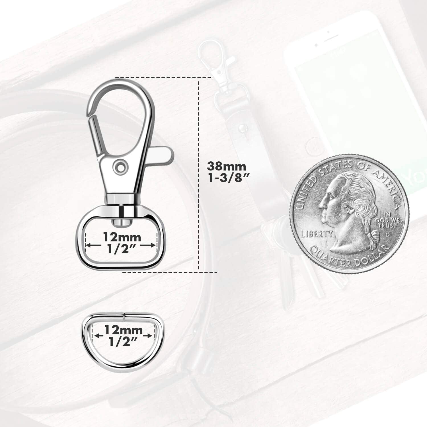 100pcs Key Chain Clip H and D Rings Set Include 50Pcs Swivel Snap H s Lanyard Clips and 50Pcs D Rings for Keychain and Purse Hardware (1/2” Inside Width)