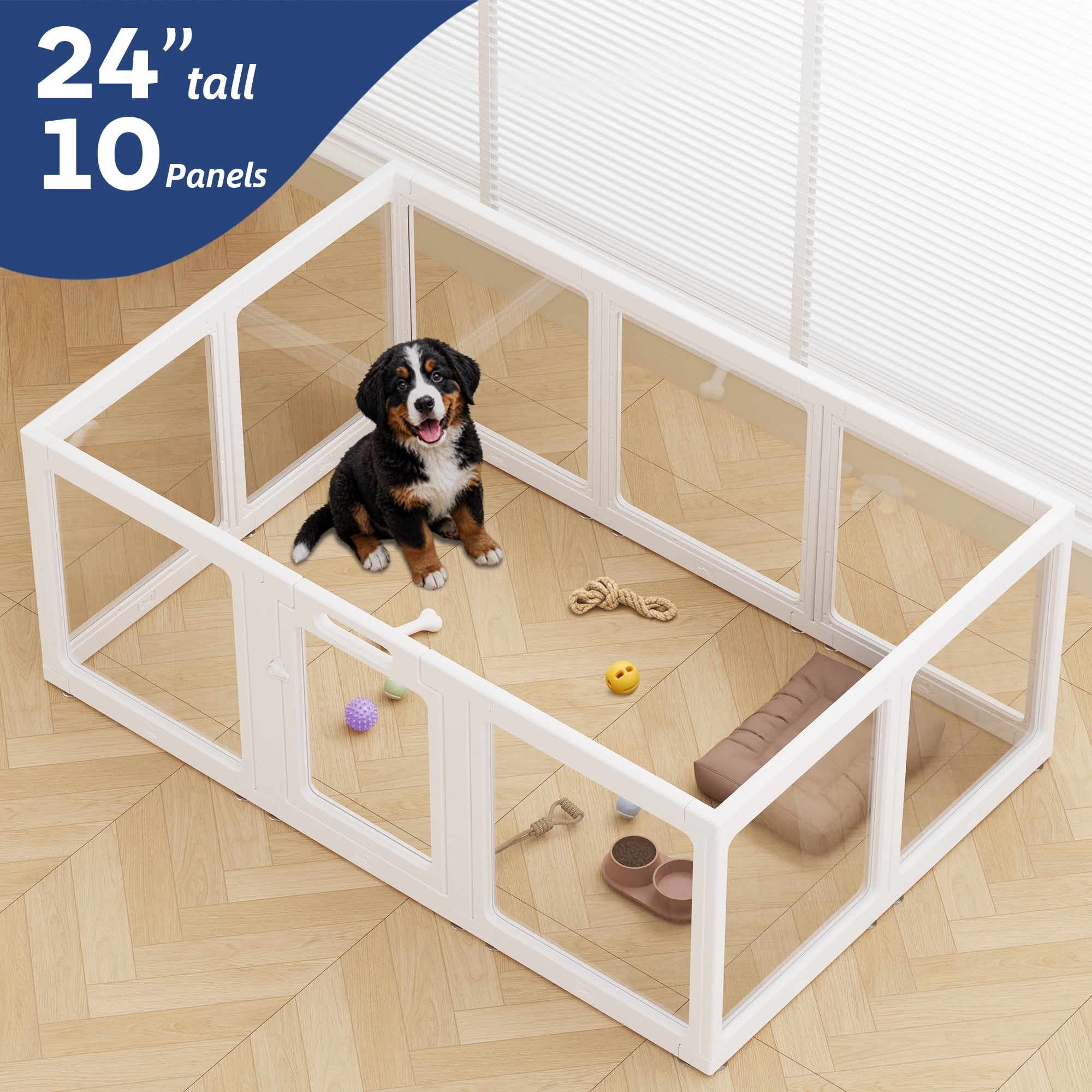 Clear Acrylic Dog Playpen Indoor, 10-Panel Premium Pet Play Pen for Puppies, Cats & Rabbits, Heavy Duty Foldable Dog Fence Crate Kennel, White (24" Height)
