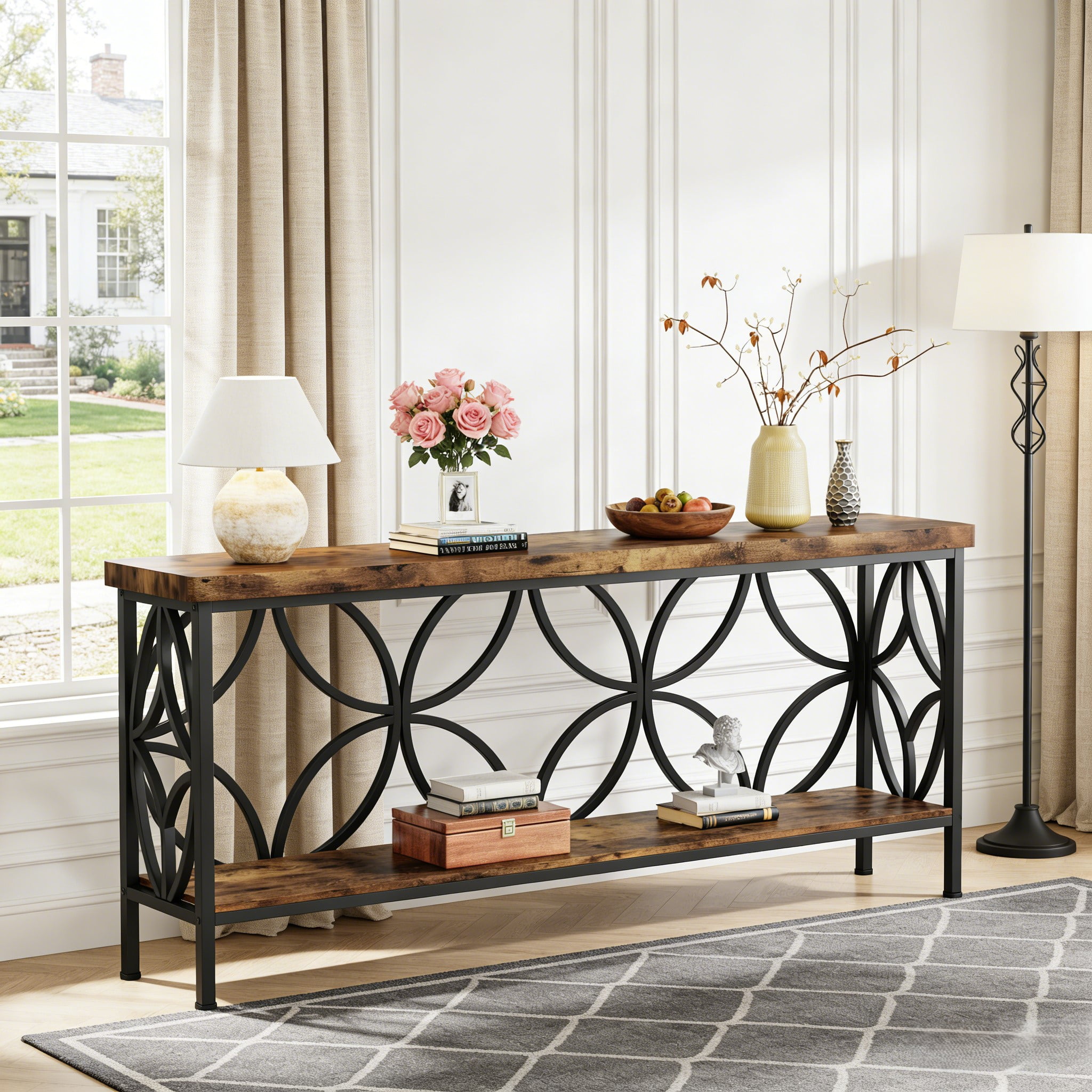 Fnova 70.9" Industrial Console Table, 2-Tier Wood Storage Narrow Sofa Table, Behind Couch with Metal Frame, for Living Room, Entryway, Foyer, Easy Assembly