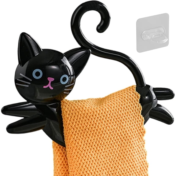 Towel Rack Wall Mounted, Cute Cat No-Drill Design, 24.5x19.5cm Decorative Towel Holder with Hook, Modern Bathroom Accessory for Home, Apartment, Kitchen and Office (Black)