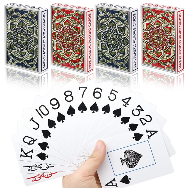 Metsyth Naipes de plástico impermeables, paquete de 4 cartas de póquer, índice gigante, naipes con impresión grande para adultos, personas mayores, juego de barajas de cartas a granel, cartas de póque