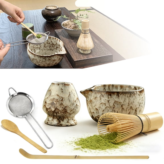 6PCS Matcha Whisk Set Safe Bamboo Whisk Kit and Ceramic Bowl Teascoop Stainless Steel Strainer Whisk Storage Holder