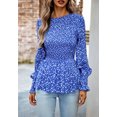 thumbnail image 5 of Round Neck Shirred Floral Print Peplum Long Blouse for Women Blue Small, 5 of 5