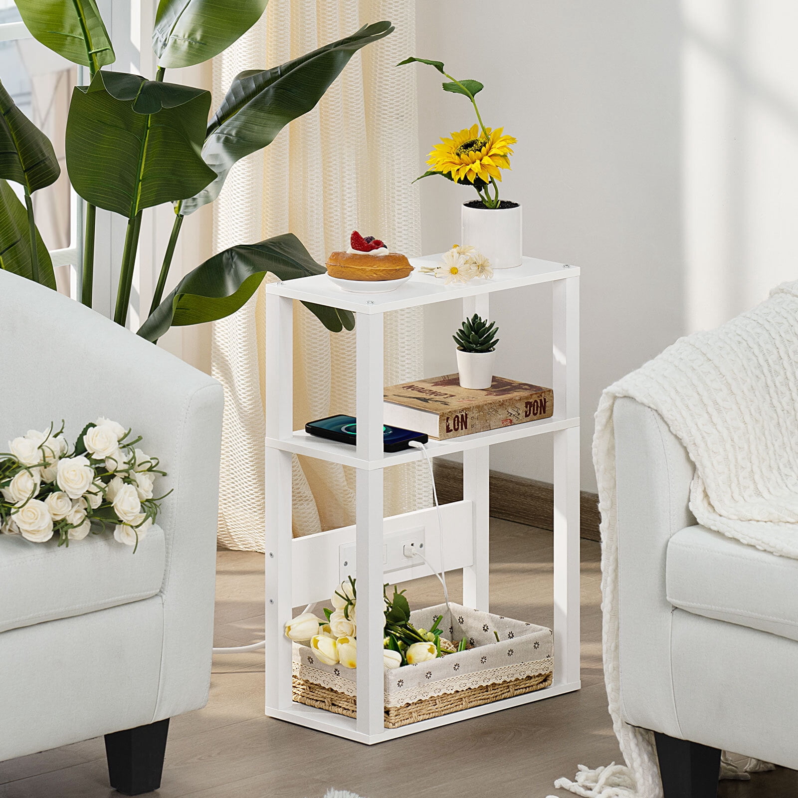 Joaxswe 2 Pack End Tables for Living Room with Charging Station, Narrow Side Tables Accent Tables for Bedroom, White