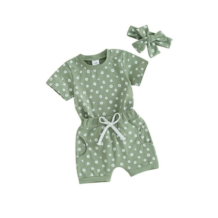 

Cenuakty Baby Girls Shorts Set Floral Short Sleeve T-shirt with Shorts and Hairband Summer Outfit