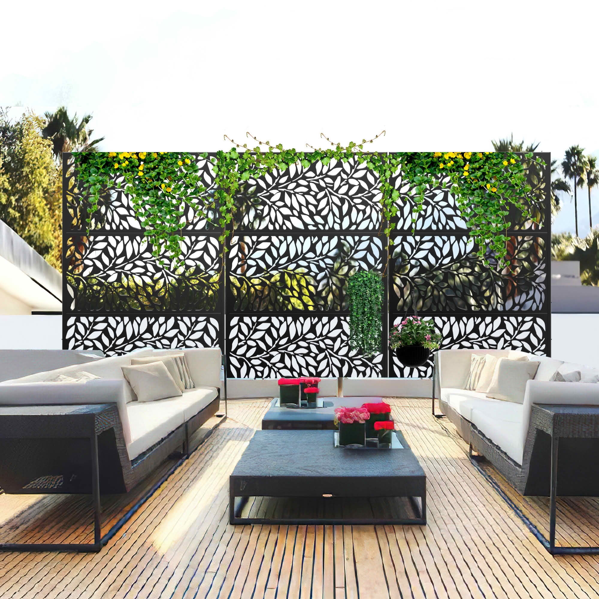 MAYEERTY Black Galvanized Metal Privacy Screen, Outdoor Garden Patio, 72×47×16in