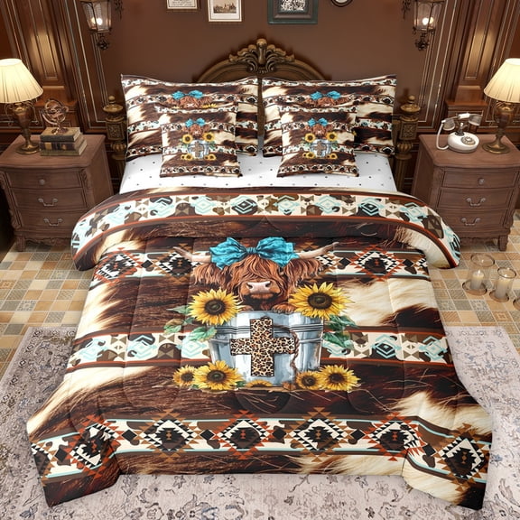 Castle Fairy Farmhouse Animal Highland Cow Print Twin Bedding Sets 7-Piece for Teens Adults,Bohemian Western Aztec Bedding Comforter Set Microfiber,Chic Floral Sunflowers Breathable Sheet Sets