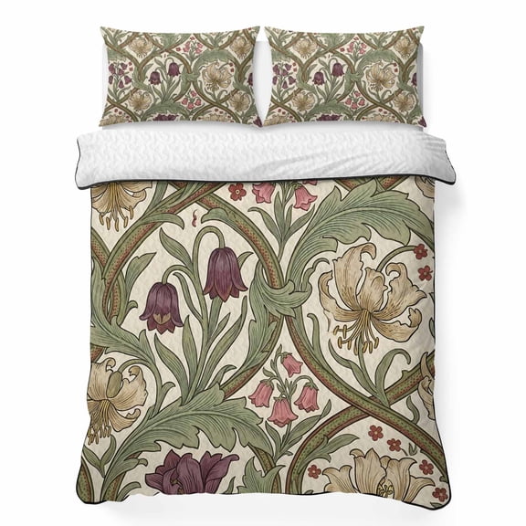 Quilts Twin Size Bedding Set, Botanical Flowers Lightweight Quilted Comforter, Vintage Chic Floral Leaf Plant Green Brown Soft Bedspread Coverlet with Pillow Covers for All Season, 68" x 86"
