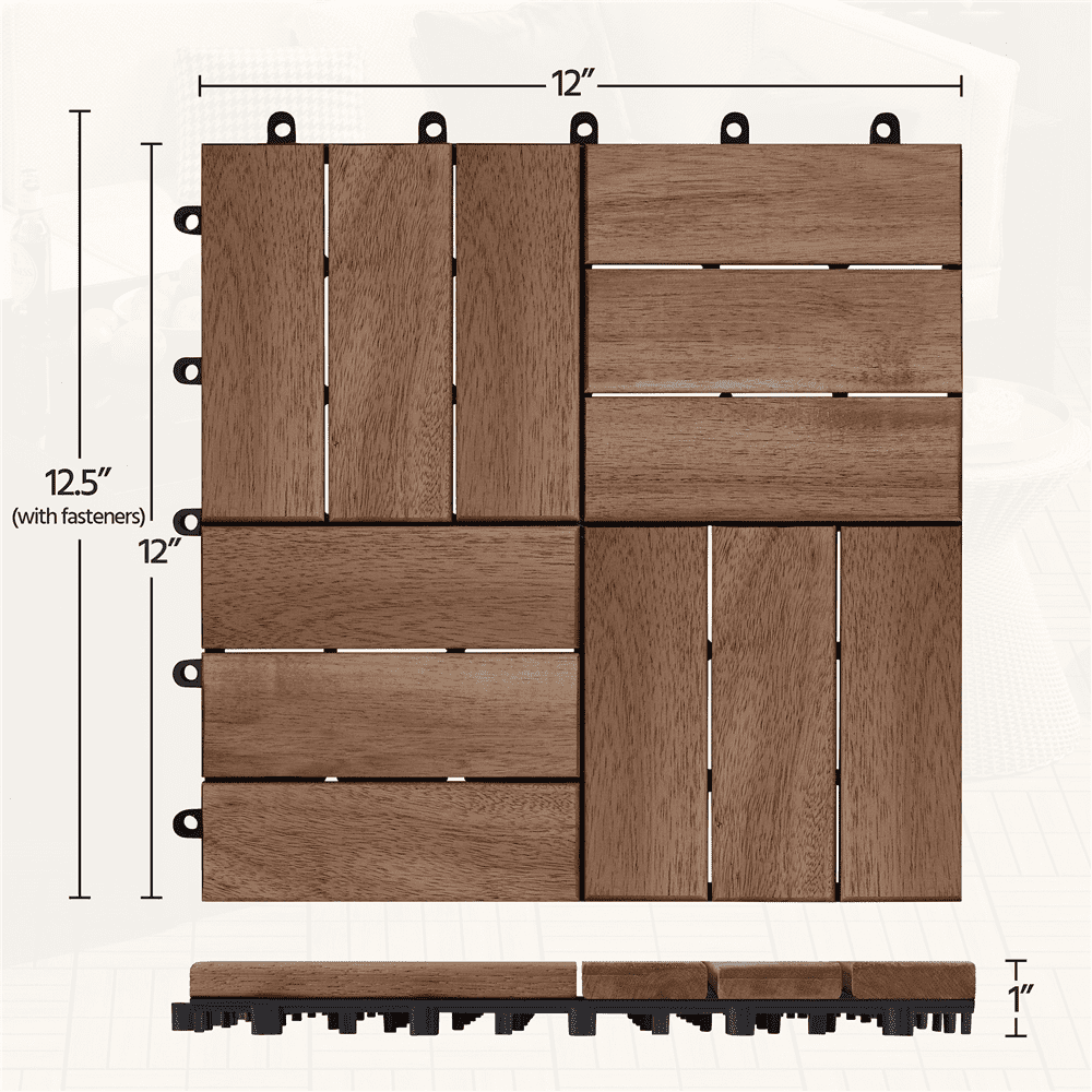 Renwick Pack of 27 Interlocking Deck Tiles, for Indoor Patio Garden, Brown