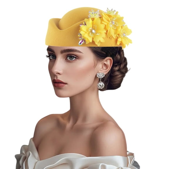 RUINIXCW Pillbox Church Hats for Women Pillbox Hat with Flowers British Hats Vintage Felt Berets Fascinator Tea Party Hat Cap