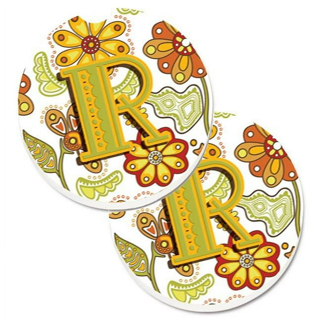Carolines Treasures CJ2003-RCARC Lettre R Moutarde Florale & Vert Ensemble de 2 Tasses Porte-Coaster de Voiture