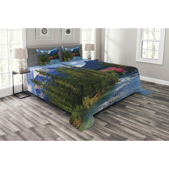 Ambesonne Landscape Quilted Bedspread Set 3 Pcs, River Log Lake Village, King Size, Green Blue and Dark Pink